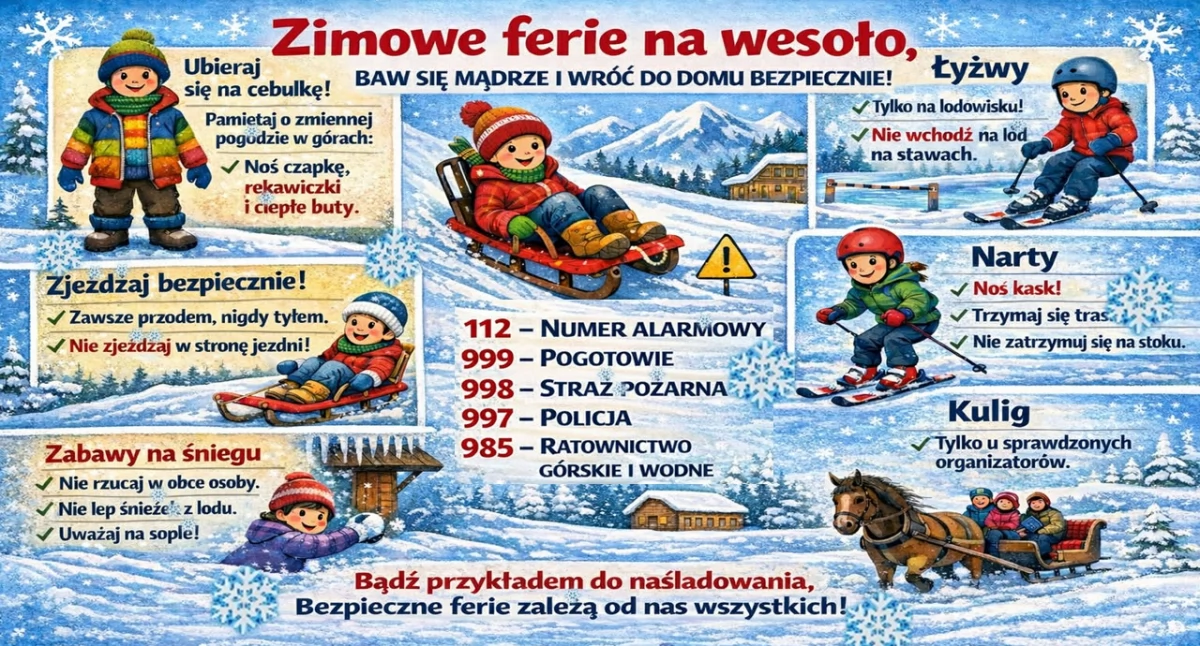 Komunikaty policji , Bezpieczne ferie zimowe radość ryzyka - zdjęcie, fotografia