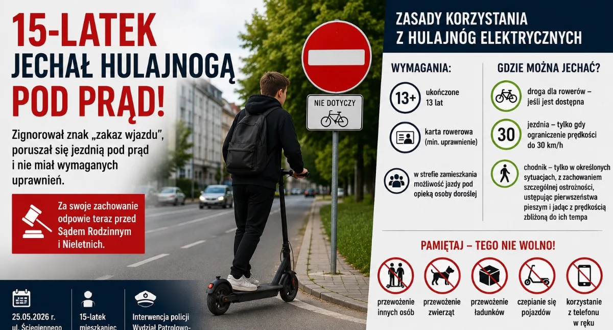 Kronika Kryminalna - Policja, latek jechał hulajnogą prąd Sprawą zajmie rodzinny - zdjęcie, fotografia