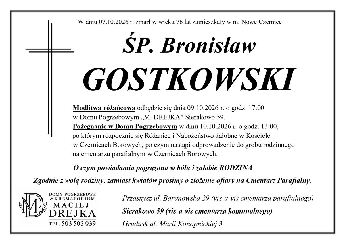 Nekrolog: śp. Bronisław Gostkowski, zm. 7 października 2026 r.