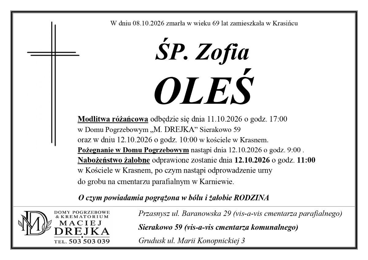 Nekrolog: śp. Zofia Oleś, zm. 8 października 2026 r.