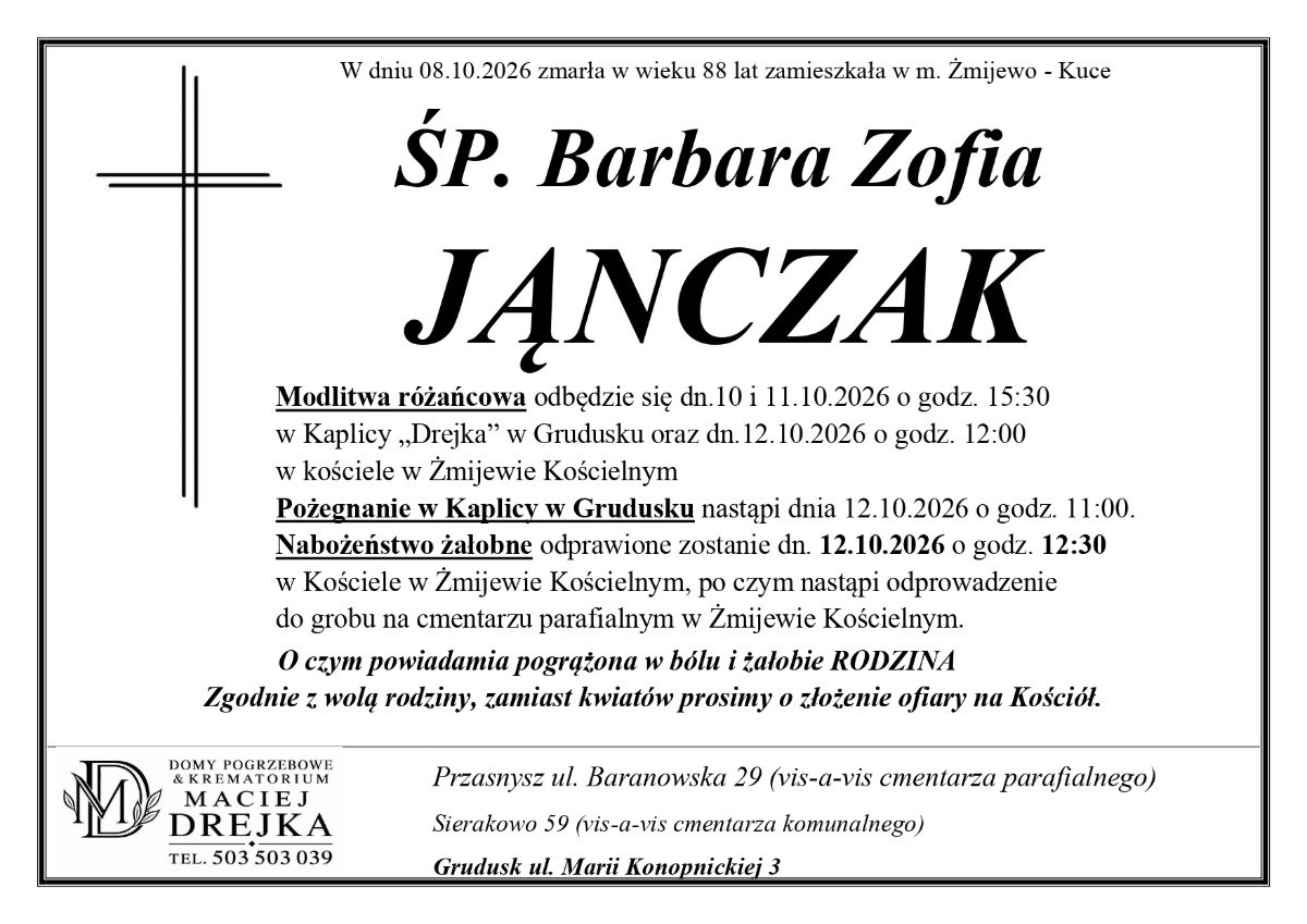 Nekrolog: śp. Barbara Zofia Janczak, zm. 8 października 2026 r.