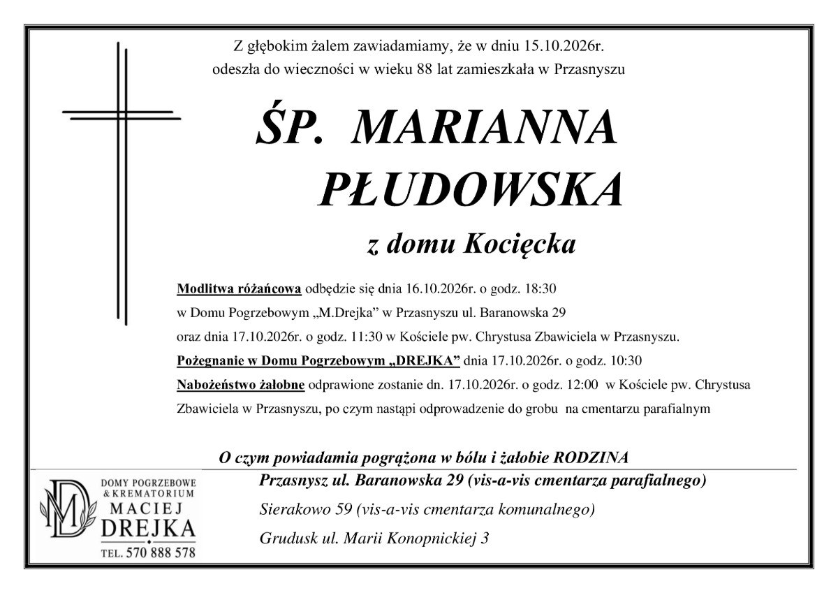 Nekrolog: śp. Marianna Płudowska, zm. 15 października 2026 r.