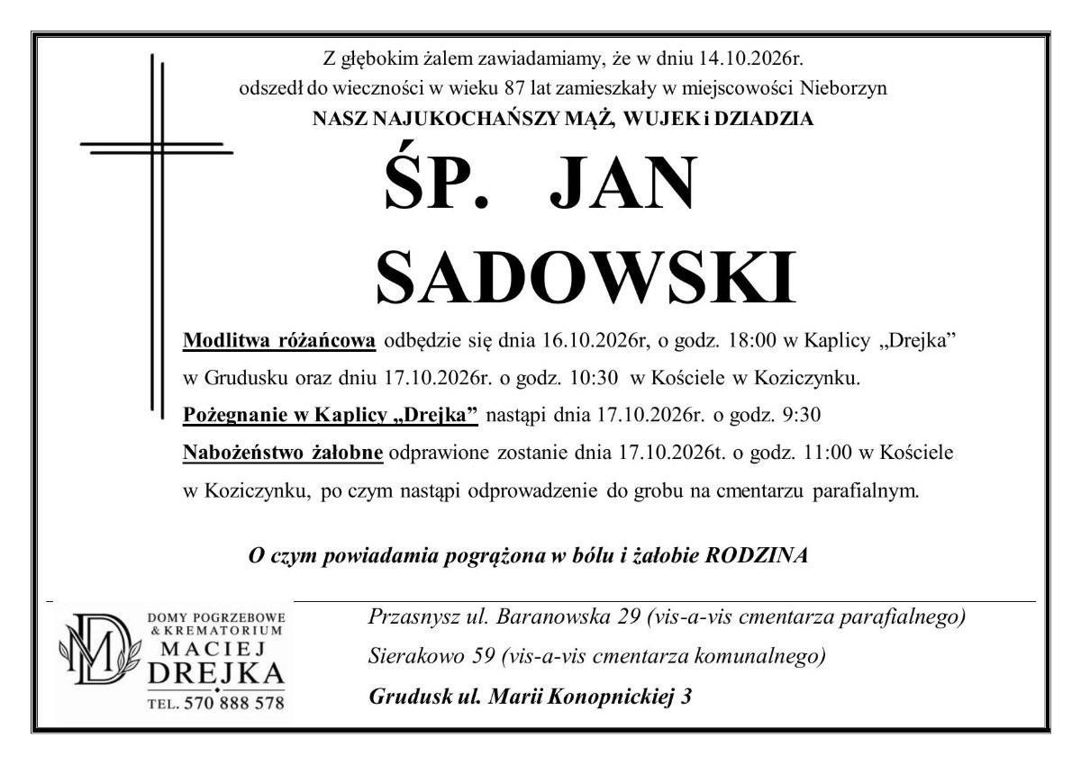 Nekrolog: śp. Jan Sadowski, zm. 14 października 2026 r.