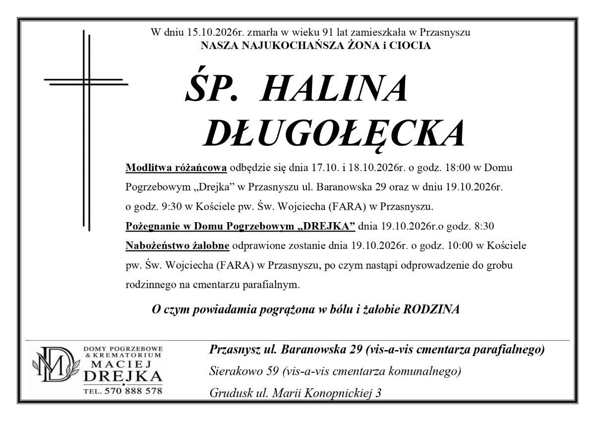 Nekrolog: śp. Halina Długołęcka, zm. 15 października 2026 r.