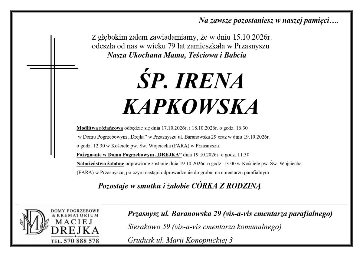 Nekrolog: śp. Irena Kapkowska, zm. 15 października 2026 r.