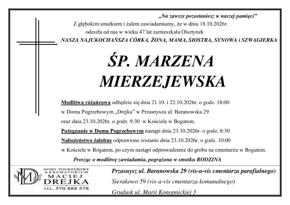 Nekrolog: śp. Marzena Mierzejewska, zm. 18 października 2026 r.
