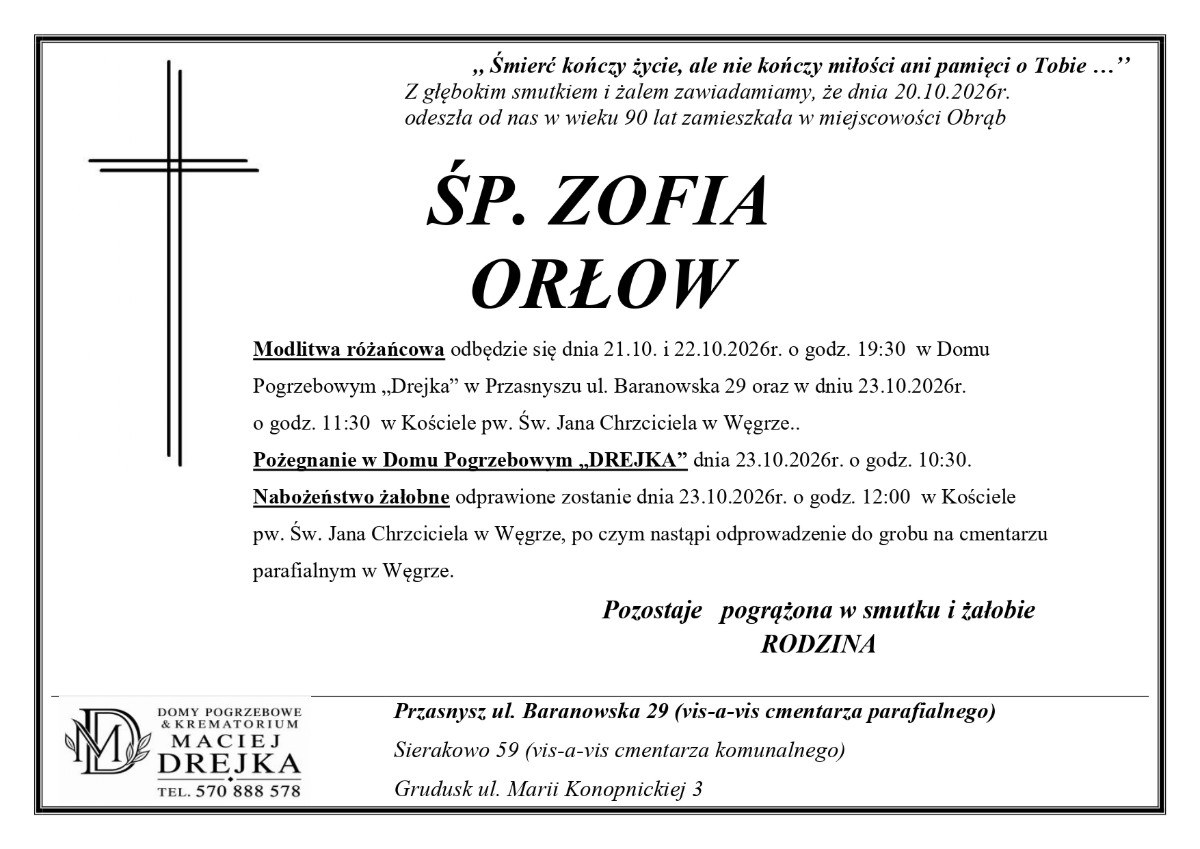 Nekrolog: śp. Zofia ORŁOW, zm. 20 października 2026 r.