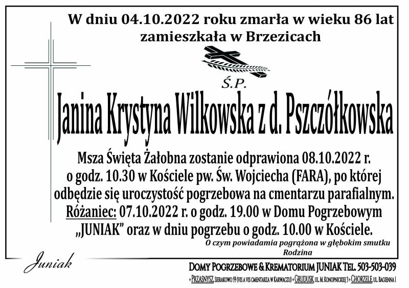 Janina Krystyna Wilkowska z d. Pszczółkowska